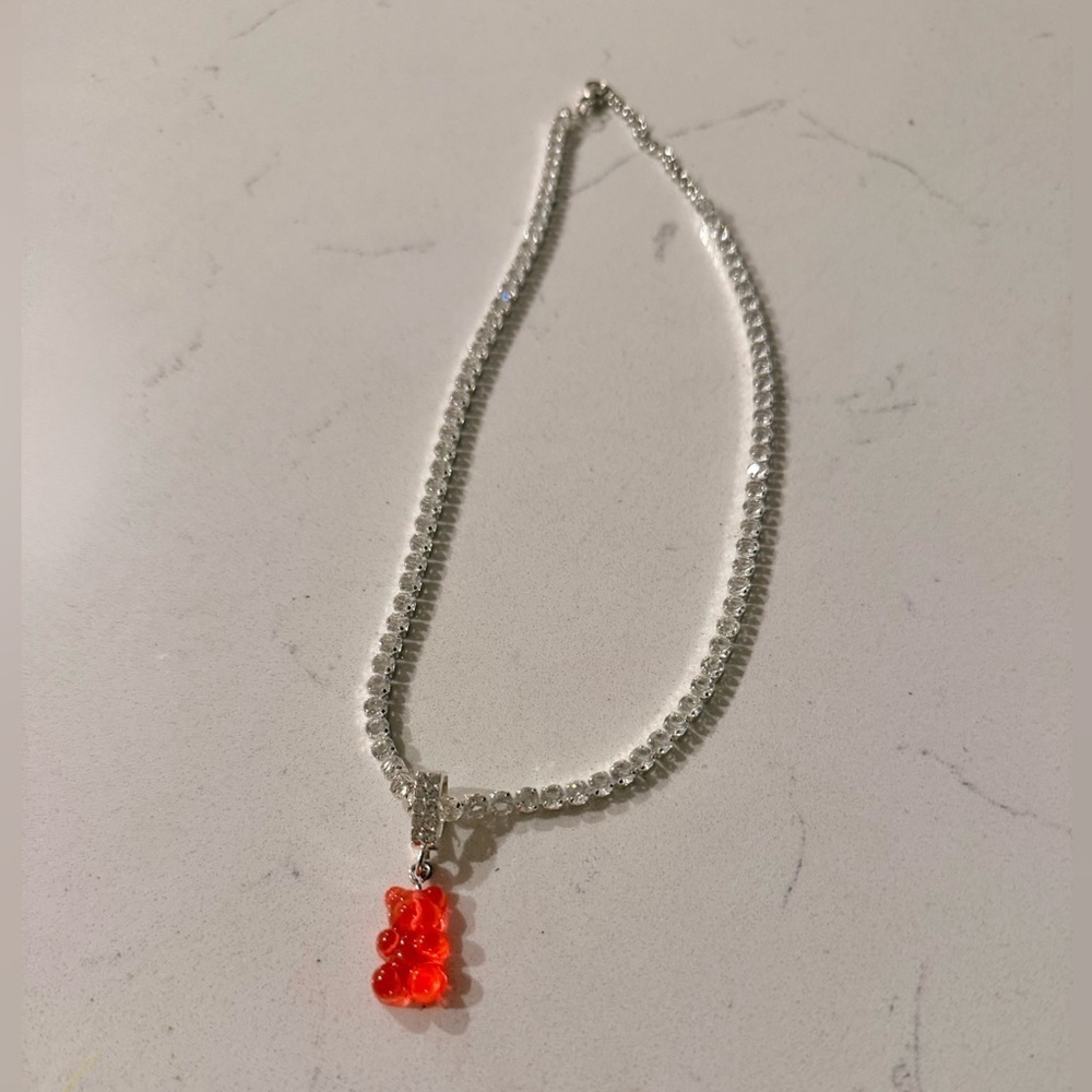 Treats Gummy Bear Pave Crystals Clear Hot Pink Bear & Silver Choker Necklace